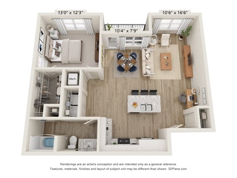 Floor plan for 1 bed, 1 bath, 904 sqft